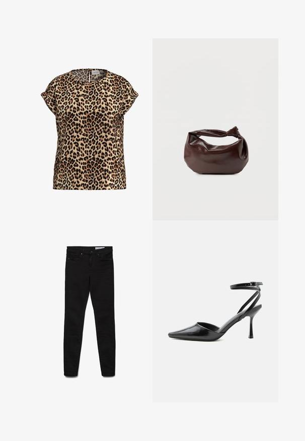 Leopardprint top, korte mouwen, ronde hals, gemaakt van een zijdezachte stof; heeft een tan achtergrond met zwarte en bruine vlekken.; Zwarte skinny jeans van denim stof, met een klassiek ontwerp met vijf zakken, een ritssluiting en subtiele stiksel details.; Zwarte pumps met puntige neus, dunne enkelbandjes en een zilveren gesp op een effen lichte achtergrond.; Donkerbruine leren schoudertas met een zachte, slungelige vorm en een gedraaide knoopvormige handgreep op een effen witte achtergrond.