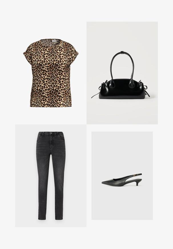 Top en imprimé léopard, à manches courtes, col rond, en tissu soyeux ; présente un fond beige avec des taches noires et brunes.; Jean slim noir taille haute avec bouton avant, fermeture éclair et design à cinq poches, présenté sur un fond blanc uni.; Chaussure slingback noire à bout pointu en cuir lisse. Présente un talon fin et un détail de boucle sur la sangle réglable.; Petit sac à main noir brillant avec deux longues anses et des détails à cordon sur les côtés sur un fond clair uni.