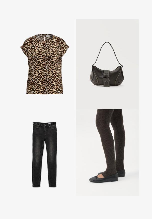 Leopardprint top, korte mouwen, ronde hals, gemaakt van een zijdezachte stof; heeft een tan achtergrond met zwarte en bruine vlekken.; Zwarte denim skinny jeans met een middelhoge taille, klassiek 5-pocket ontwerp, lichte vervaging op de heupen en een metalen knoopsluiting.; Benen met donkere geribbelde leggings gecombineerd met zwarte ballerina's met kleine strikdetails op een witte achtergrond.; Zwarte leren schoudertas met gespsluiting aan de riem, afgeronde hoeken en contrasterende witte stiksels op een effen achtergrond.