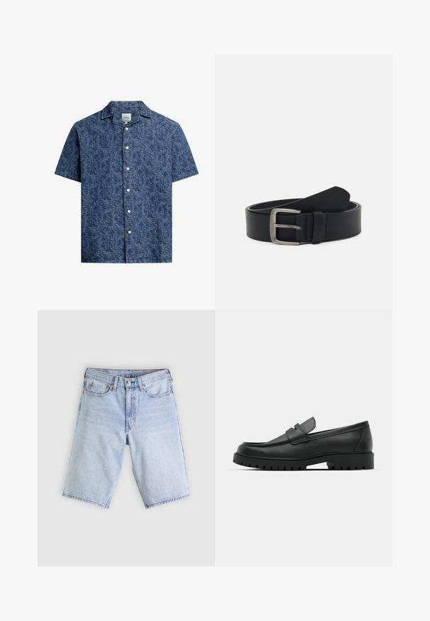 Kortærmet skjorte med knaplukning i struktureret mørkeblå stof med et subtilt mønster og en klassisk krave. Har hvide knapper foran.; Lyseblå denimshorts med frontknap og lynlås, bæltestropper og femlomme-design lagt fladt på en hvid baggrund.; Sorte læder loafers med rund tå, der har et syet design, lav platformssål og en struktureret, skridsikker gummisål.; Sorte læderbælte med en spænde i sølvmetal, der har en glat overflade og et klassisk design. Bæltet er rullet op med enden pegende.