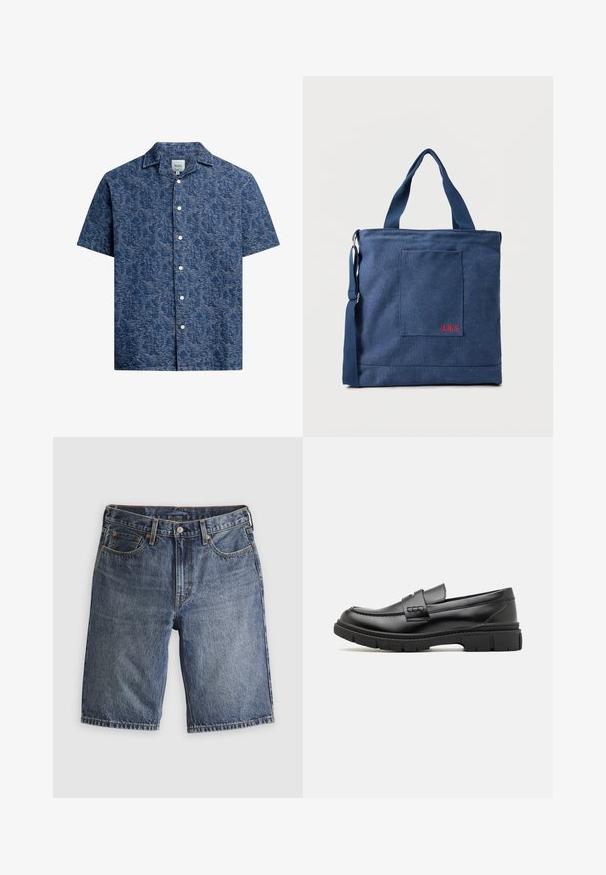 Kortærmet skjorte med knaplukning i struktureret mørkeblå stof med et subtilt mønster og en klassisk krave. Har hvide knapper foran.; Blå cowboyshorts med forlommer, bæltestropper og knaplukning, lagt fladt på en lys baggrund.; Sort læder loafersko med en bred rem over forfoden, gummisål med tykke mønstre og glat overflade. Klassisk, slankt design.; Blå lærredstote taske med frontlomme og rød "O.N.S" broderi, med to håndtag og en justerbar skulderrem.