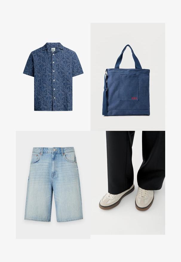 Kortærmet skjorte med knaplukning i struktureret mørkeblå stof med et subtilt mønster og en klassisk krave. Har hvide knapper foran.; Lyseblå denimshorts med lige skæring, forsynet med knap- og lynlåslukning, fem lommer og en let slidtblandet finish.; Fødder iført beige sneakers med brune såler og sorte bukser med vide ben på hvid baggrund.; Blå lærredstote taske med frontlomme og rød "O.N.S" broderi, med to håndtag og en justerbar skulderrem.