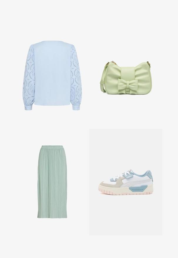 Hellblaue Bluse mit solidem Rückenteil und langen, aufgebauschten Spitzenärmeln mit kreisförmigen floralen Ausschnittmustern und geknöpften Manschetten.; Hellgrüner plissierter Midirock mit elastischem Bund, geradem Schnitt und leichtem Stoff.; Sneaker mit einem Obermaterial aus weißem Leder, hellblauen Akzenten, beigen Wildlederpaneelen und einer strukturierten rosa Gummisohle; gesticktes Logo an der Seite.; Kleine, hellgrüne Handtasche mit einer Schleifendetail auf der Vorderseite und einem verstellbaren Schulterriemen, dargestellt vor weißem Hintergrund.