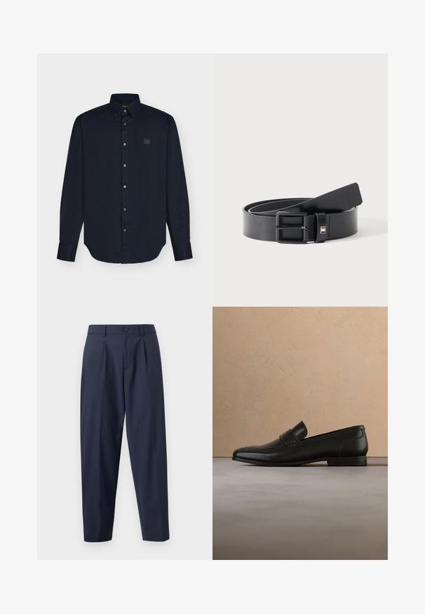 Chemise noire à manches longues avec boutons et col, avec écusson du logo Boss sur la poitrine gauche, présentée sur un fond clair uni.; Pantalons ajustés bleu marine avec plis, en tissu lisse. Dotés d'une fermeture à bouton et d'une coupe fuselée.; Mocassin en cuir noir présenté en lévitation au-dessus d'un tapis beige avec un canapé beige en arrière-plan.; Ceinture en cuir noir avec boucle métallique noire mate, légèrement enroulée avec l'extrémité de la lanière reposant sur une surface blanche.