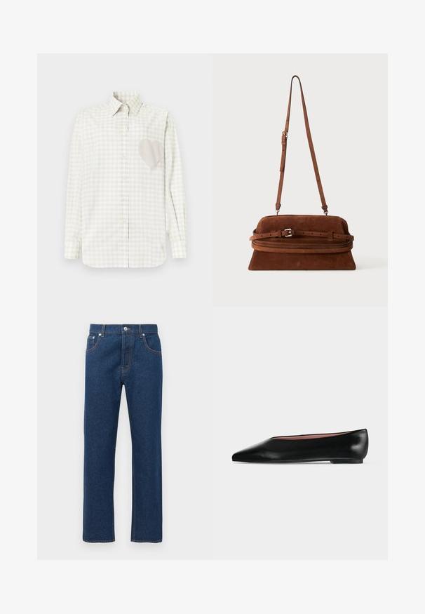 Chemise à manches longues boutonnée avec un motif à carreaux beige et blanc, présentant un grand cœur texturé sur la poitrine gauche.; Jean en denim bleu foncé à jambes droites avec poches avant et arrière, passants de ceinture, fermeture à bouton et couture orange visible.; Chaussure plate en cuir noir pour femme, avec bout pointu et petit talon, vue de côté sur un fond gris clair uni.; Sac à épaule en daim marron avec une longue bandoulière ajustable et un détail de boucle sur le devant, présenté sur un fond uni.