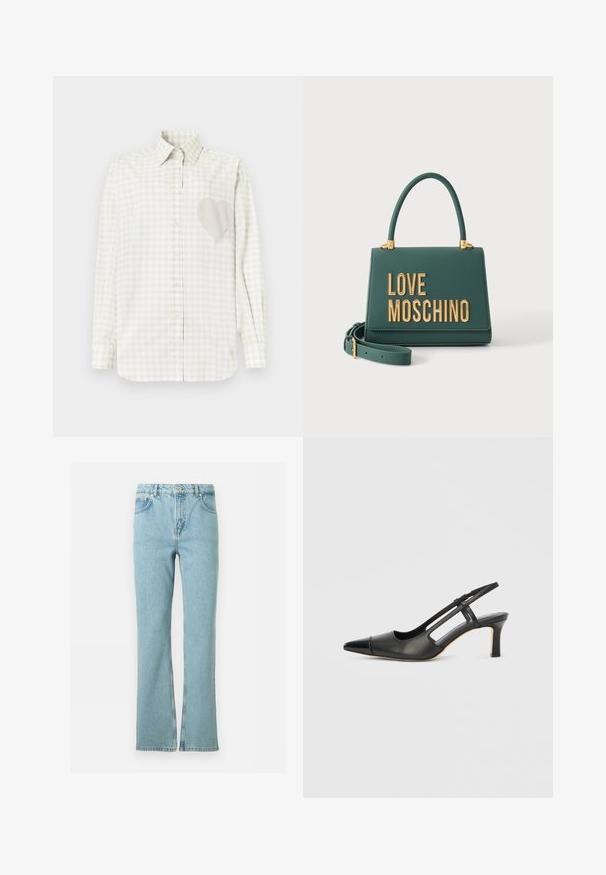 Chemise à manches longues boutonnée avec un motif à carreaux beige et blanc, présentant un grand cœur texturé sur la poitrine gauche.; Jean denim bleu clair à jambes droites avec bouton frontal, fermeture éclair, passants pour ceinture et style à cinq poches sur fond blanc.; Chaussure à bride arrière en cuir noir avec bout pointu, dotée d'un accent brillant sur le bout et d'un talon de hauteur moyenne. Design latéral ouvert.; Sac à main vert foncé avec une poignée supérieure et des lettres dorées formant "LOVE MOSCHINO" à l'avant, avec une bandoulière réglable à côté.