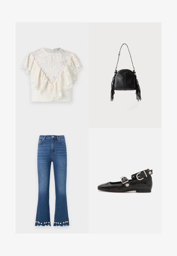 Hvit kort topp med intrikat blomsterblondeoverlegg, rysjekanter og liten knappelukking bak.; Mellomblå denimjeans med vide ben, frynsete kanter og dekorative perler og blomsterdetaljer langs nederkantene.; Sorte lakkderflat sko med firkantet tå, ankelstropp med sølvfarge detaljer, og flat såle. Glatt tekstur med minimalistisk design.; Svart skinnveske med buet form, lang justerbar stropp og frynser på begge sider mot en lys bakgrunn.