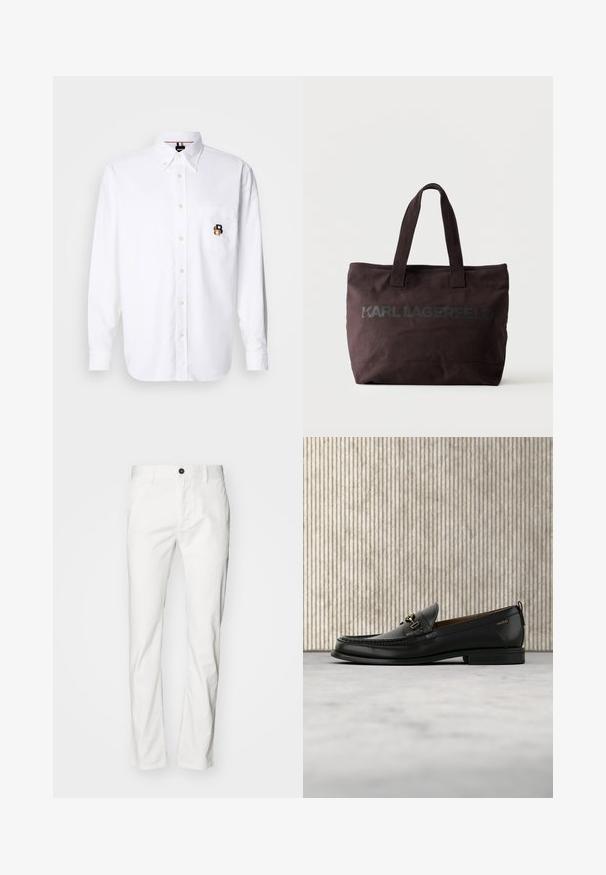 Weißes Langarm-Hemd mit Knöpfen und Knopfkragen, Fronttasche mit einem kleinen bestickten braunen und schwarzen "B"-Logo.; Weiße Baumwollhose mit gerader Passform, Knopfverschluss und Taschen, glatte Textur und minimalistischer Stil.; Schwarzer Lederloafer mit goldfarbenem Metallbit und "HUGO"-Markenlogo, präsentiert vor einem beigen Teppich und braunen durchsichtigen Möbelstücken.; Dunkelbraune Tragetasche mit zwei Henkeln und dem aufgedruckten „Karl Lagerfeld“-Logo auf der Vorderseite vor einem einfarbigen hellen Hintergrund.