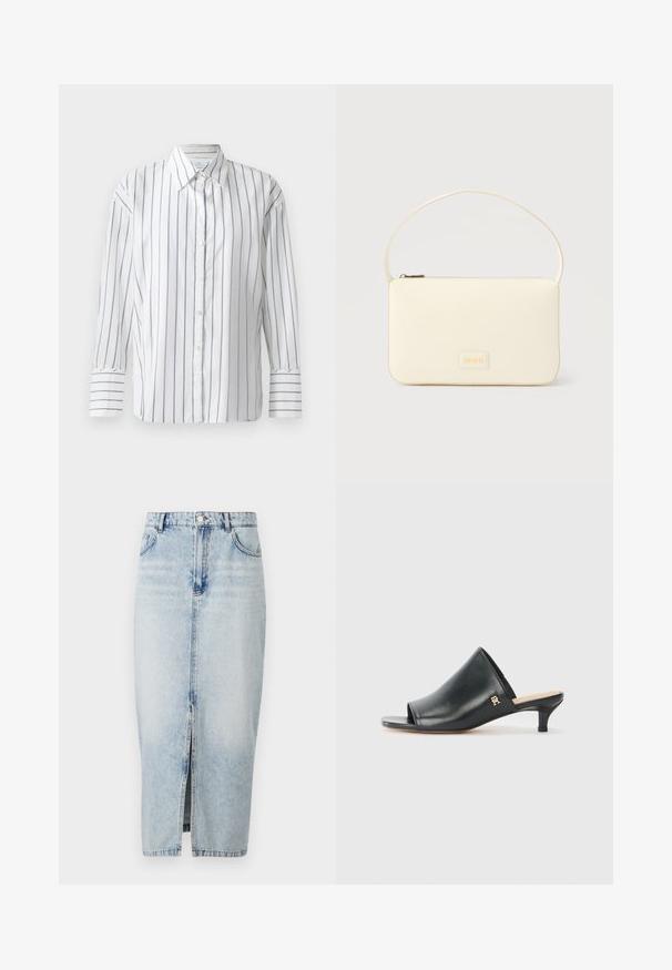 Chemise blanche à manches longues présentant de fines rayures verticales bleues, avec un devant à boutons et un col classique. Tissu en coton lisse, coupe décontractée.; Jupe en denim bleu clair avec une fente à l'avant, taille haute, cinq poches et coutures visibles. Elle présente un design classique et une texture lisse.; Mules ouverts en cuir noir avec un talon bas. Présentent une surface lisse et un accent logo doré sur le côté.; Sac à main rectangulaire de couleur crème avec une seule sangle et une fermeture éclair sur le dessus, comportant une petite plaque de logo embossé à l'avant.