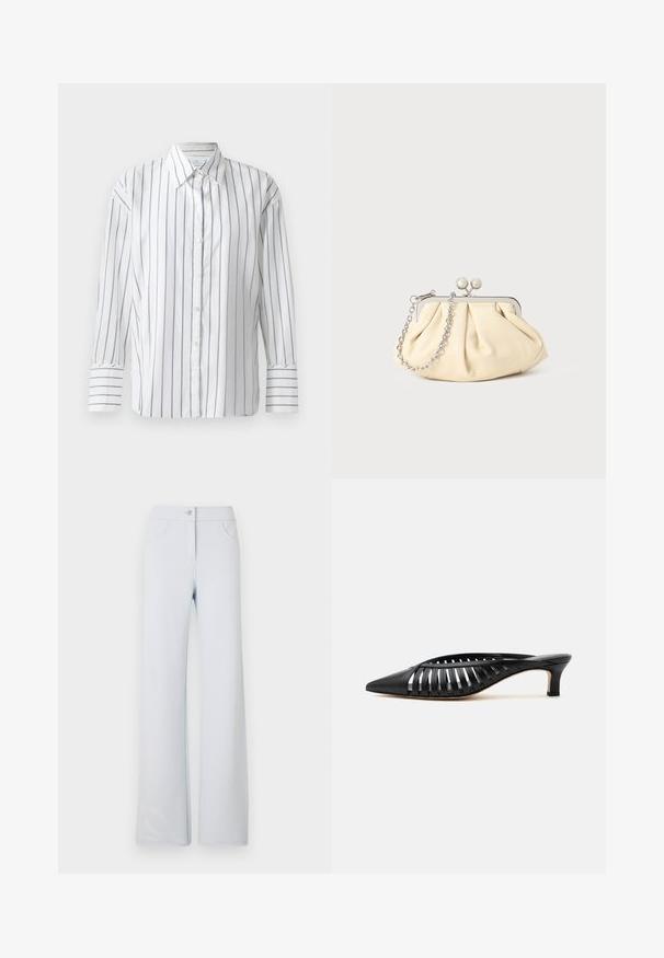 Chemise blanche à manches longues présentant de fines rayures verticales bleues, avec un devant à boutons et un col classique. Tissu en coton lisse, coupe décontractée.; Pantalon large bleu clair en tissu doux, avec fermeture à bouton, passants de ceinture et deux poches latérales. Texture lisse et design simple.; Mule en cuir noir avec bout pointu, design découpé à brides et petit talon kitten sur fond blanc.; Pochette en cuir beige plissé avec un cadre en métal argenté, dotée de deux fermoirs ronds décoratifs et d'une chaîne en argent.