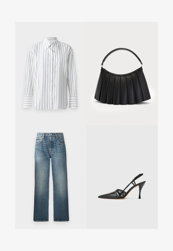Hvid langærmet skjorte med smalle blå lodrette striber, knaplukning foran og klassisk krave. Glat bomuldsstof, afslappet pasform.; Blå denim jeans med et lige ben-design, der har en høj talje, fem lommer og en let falmet, tekstureret finish.; Sort læder højhælede slingback-sko med spids tå, crisscross-remdesign og slank stiletto-hæl. Glat tekstur og minimale accenter.; Sort plisseret håndtaske lavet af syntetisk læder, med et buet håndtag og lynlåslukning i toppen. Glat tekstur med struktureret design.