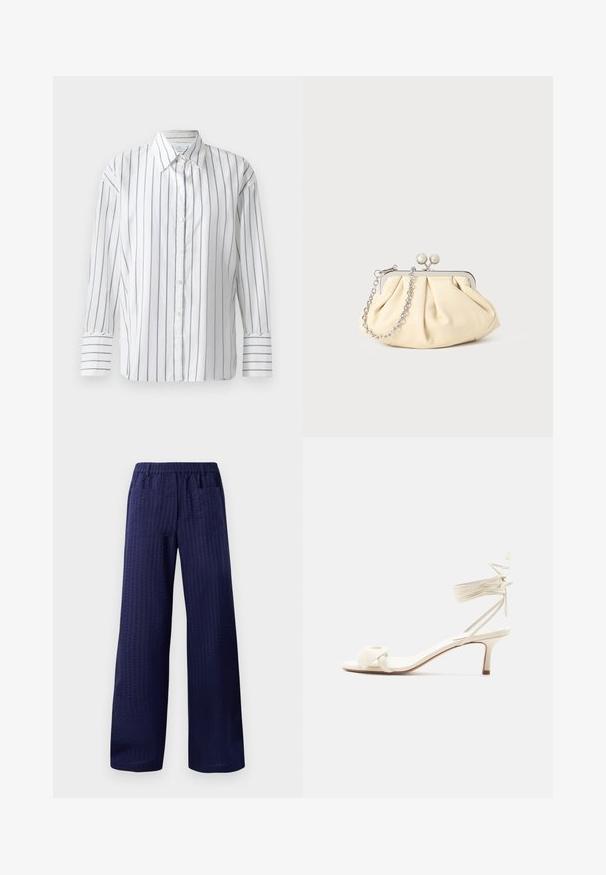 Chemise blanche à manches longues présentant de fines rayures verticales bleues, avec un devant à boutons et un col classique. Tissu en coton lisse, coupe décontractée.; Pantalons larges bleu marine avec une finition texturée, une ceinture élastique et deux poches arrière. Fabriqués en tissu léger et respirant.; Sandale à talon bas de couleur crème avec des liens à nouer autour de la cheville et une large bride torsadée sur les orteils, sur un fond blanc uni.; Pochette en cuir beige plissé avec un cadre en métal argenté, dotée de deux fermoirs ronds décoratifs et d'une chaîne en argent.