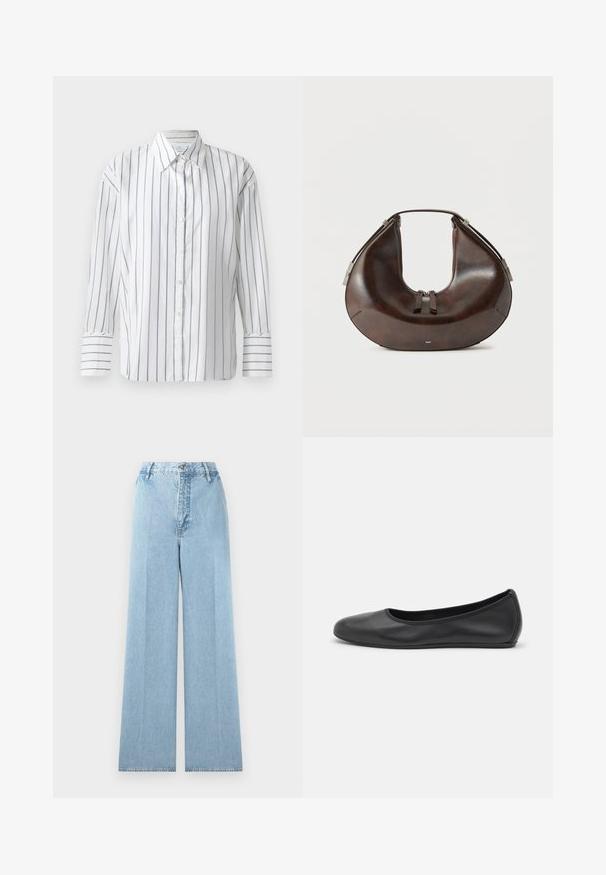 Hvid langærmet skjorte med smalle blå lodrette striber, knaplukning foran og klassisk krave. Glat bomuldsstof, afslappet pasform.; Lyseblå bredbenede jeans lavet af denim med høj talje, som har fem bæltestropper, en frontknaplukning og stikninger.; Sort læderballetsko med rund tå, glat tekstur, minimal syning og et fleksibelt såldesign.; Mørkebrun, halvmåneformet læderhåndtaske med top-håndtag og to lynlåse, vist mod en ensfarvet lys baggrund.