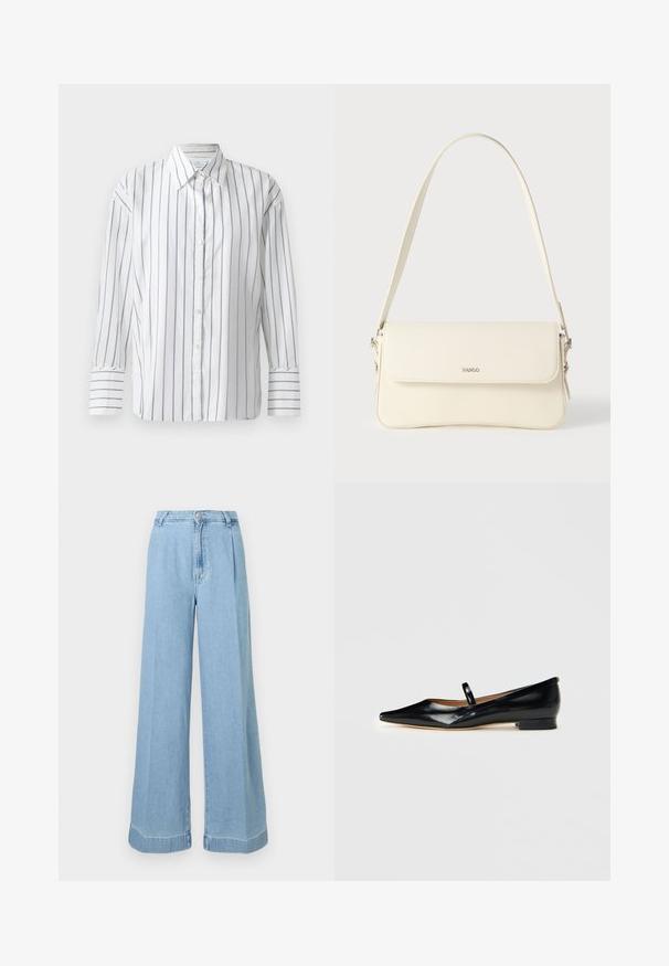 Hvid langærmet skjorte med smalle blå lodrette striber, knaplukning foran og klassisk krave. Glat bomuldsstof, afslappet pasform.; Lyseblå denim bredbenede jeans med høj talje, folder foran og rå kant for et afslappet look.; Sorte patenterede læder Mary Jane flade sko med spids tå, én rem og lav hæl på ensfarvet baggrund.; Cremefarvet læder skuldertaske med flaplukning, sølvfarvet beslag, en enkelt justerbar rem og diskrete logodetaljer.