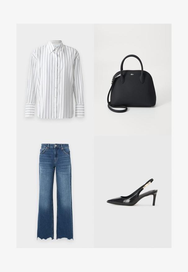 Hvid langærmet skjorte med smalle blå lodrette striber, knaplukning foran og klassisk krave. Glat bomuldsstof, afslappet pasform.; Denim flare jeans i en medium blå vask, med en rå kant, fem lommer og lukning med knapper foran.; Sort læder slingback højhælede sko med spidse tæer, glat overflade og en smal ankelrem med guldfarvede hardware detaljer.; Sort håndtaske lavet af tekstureret materiale, med to top håndtag og en aftagelig skulderrem, prydet med et sølv logo.