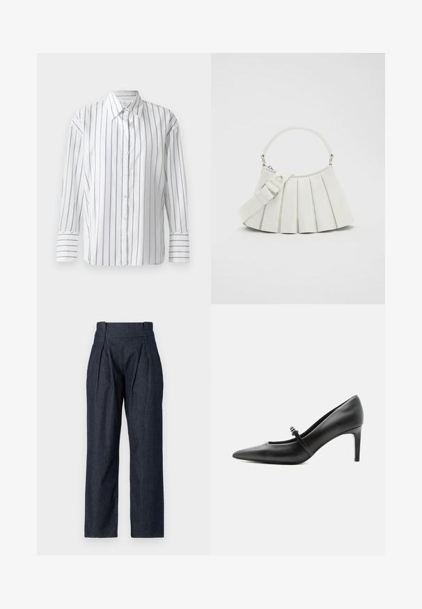 Camisa blanca de manga larga con finas rayas verticales azules, cierre de botones en la parte delantera y cuello clásico. Tejido de algodón suave, corte relajado.; Pantalones de mezclilla oscura con una cintura alta, silueta de pierna ancha, pliegues frontales y una textura suave. Presenta trabillas para cinturón y sin herrajes visibles.; Zapato de tacón alto de cuero negro con punta puntiaguda, con tira fina y hebilla sobre el empeine, sobre fondo claro y neutro.; Lacoste LENGLEN BAG - Bolso de mano - cristalline