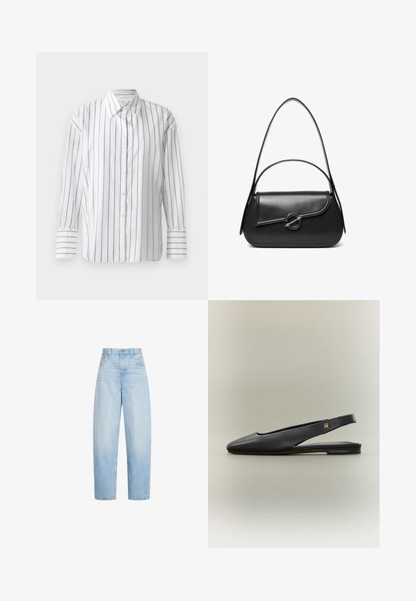Chemise blanche à manches longues présentant de fines rayures verticales bleues, avec un devant à boutons et un col classique. Tissu en coton lisse, coupe décontractée.; Jean bleu clair taille haute à jambes droites avec poches avant, passants de ceinture et fermeture par bouton.; Chaussure plate noire en cuir à bride arrière avec bout pointu et accent logo doré sur la bride, présentée sur un fond neutre.; Sac à bandoulière en cuir noir avec un rabat incurvé fermé par un fermoir métallique rond et une sangle fine et ajustable.