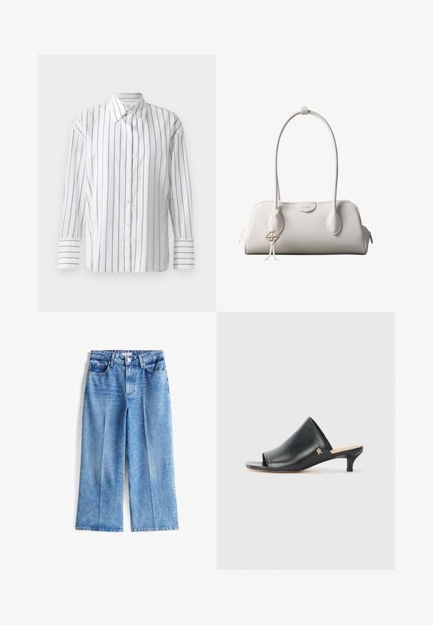 Weißes Langarmhemd mit schmalen blauen vertikalen Streifen, durchgehender Knopfleiste und klassischem Kragen. Glattes Baumwollmaterial, lockere Passform.; Hellblaue Jeans mit weitem Bein und hoher Taille, mit einem vorderen Knopfverschluss, fünf Taschen und ausgefransten Säumen.; Schwarze Leder-Pantoletten mit offenen Zehen und niedrigem Absatz. Sie verfügen über eine glatte Oberfläche und ein goldenes Logo-Detail an der Seite.; Weiße Calvin Klein Schultertasche mit langen Griffen, rechteckiger Form, Reißverschluss und dekorativem Logo-Anhänger, der in der Nähe des Griffs hängt.