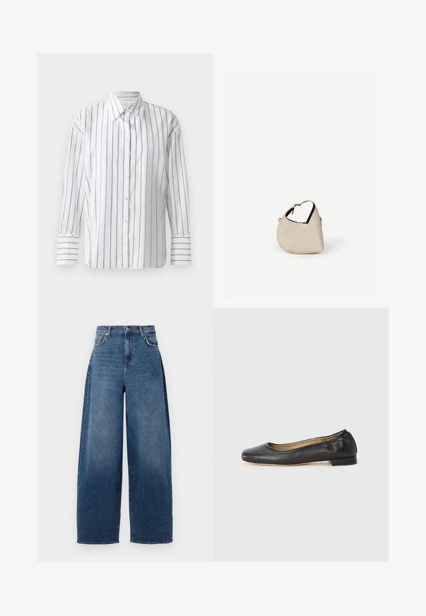 Weißes Langarmhemd mit schmalen blauen vertikalen Streifen, durchgehender Knopfleiste und klassischem Kragen. Glattes Baumwollmaterial, lockere Passform.; Weite Jeans aus dunkelblauem Denim. Mit hoher Taille, fünf Taschen und einer oberen Knopfleiste. Leicht ausgewaschene Textur überall.; Schwarz Leder Ballerinas mit runder Zehenpartie und minimaler Naht. Niedriger, rechteckiger Absatz und glatte Textur. Dezente Innenfutterdetails.; Beige Ledertasche in Halbmondform mit einem einzelnen Schulterriemen und minimaler Nahtgestaltung, vor einem schlichten weißen Hintergrund.