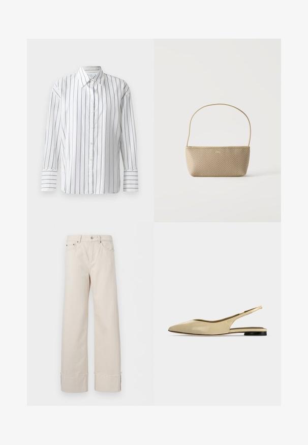 Chemise blanche à manches longues présentant de fines rayures verticales bleues, avec un devant à boutons et un col classique. Tissu en coton lisse, coupe décontractée.; Pantalon beige à jambes larges avec fermeture à boutons et zip, passants pour ceinture, poches avant et arrière, et détail d'ourlet brut aux bordures des jambes.; Chaussure plate beige à bout pointu avec bride arrière, petit talon noir et finition en cuir lisse, vue de côté sur un fond uni.; Sac à main tissé beige avec fine bandoulière et petit logo doré "BOSS" à l'avant, présenté sur fond blanc uni.
