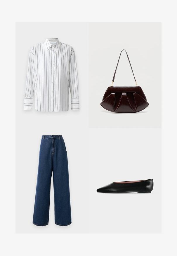 Chemise blanche à manches longues présentant de fines rayures verticales bleues, avec un devant à boutons et un col classique. Tissu en coton lisse, coupe décontractée.; Jean taille haute à jambes larges en denim bleu foncé avec fermeture à bouton et à zip à l'avant, passants de ceinture et poches latérales.; Chaussure plate en cuir noir pour femme, avec bout pointu et petit talon, vue de côté sur un fond gris clair uni.; Sac à main en cuir marron foncé avec plis froncés, ferrures dorées et une seule bandoulière, sur un fond clair uni.