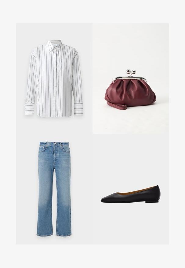 Weißes Langarmhemd mit schmalen blauen vertikalen Streifen, durchgehender Knopfleiste und klassischem Kragen. Glattes Baumwollmaterial, lockere Passform.; Helleblaue Jeans aus Denim mit geradem Bein, hoher Taille, fünf Taschen und einem klassischen, leicht abgewetzten Finish.; Schwarzer flacher Schuh aus Leder mit spitz zulaufender Vorderkappe, niedrigem Absatz und glatter Oberfläche, von der Seite vor einem hellgrauen Hintergrund dargestellt.; Kleine burgunderrote Lederclutch mit silbernem Metallverschluss und Handgelenksriemen auf weißem Hintergrund.