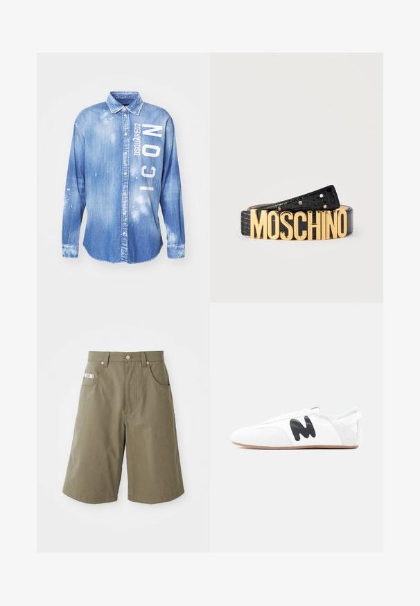 Svetlomodrá denimová košeľa so zapínaním na gombíky vpredu, dlhými rukávmi, golierom a bielym potlačeným textom "DSQUARED2 ICON" s detailmi v tvare striekanej farby.; MOSCHINO TAPE - Šortky - green; Biela nízka teniska s čiernym logom „M“ na boku a svetlohnedou podrážkou, zobrazená z vonkajšej strany na jednofarebnom pozadí.; Čierny opasok zo štruktúrovanej kože stočený do krúžku s veľkými lesklými zlatými písmenami MOSCHINO ako prackou na jednoduchom bielom pozadí.