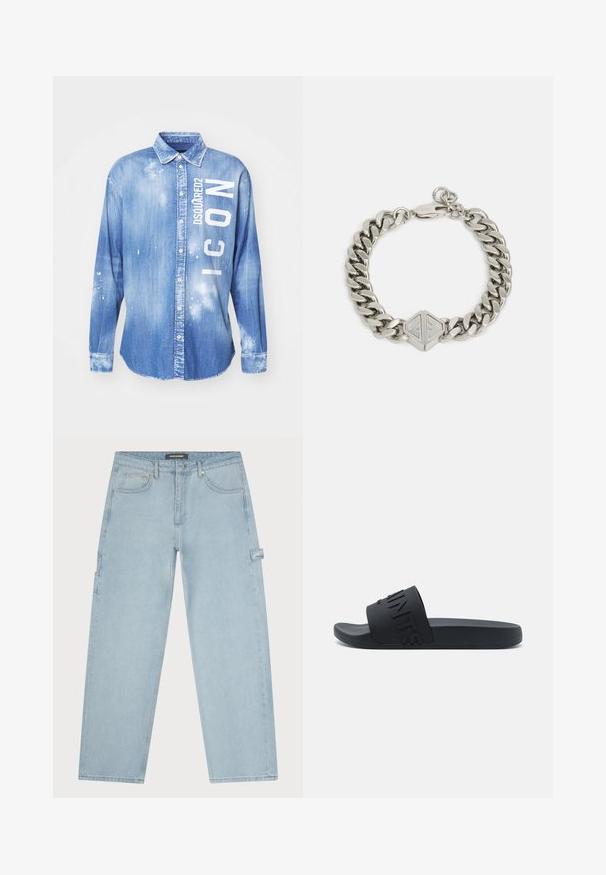 Lyseblå denimskjorte med frontknaplukning, lange ærmer, krave og hvidt trykt tekst "DSQUARED2 ICON" med malerstænkdetaljer.; Pegador DAULE BAGGY WORKWEAR - Baggy jeans - washed cold blue; Sorte slidesandaler med en bred rem med præget tekst. Fremstillet af fleksibelt materiale med en tekstureret fodbund og flad sål.; Kædearmbånd lavet af skinnende sølvfarvet metal med tykke led, der har en hexagonal lås med indgraverede detaljer.