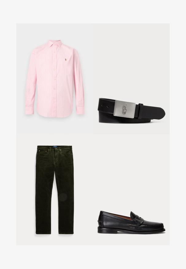 Chemise à manches longues à rayures verticales roses et blanches, avec col et petit logo brodé sur la poitrine gauche.; Pantalon en velours côtelé vert foncé avec cinq poches et une fermeture boutonnée, posé à plat sur un fond clair.; Mocassin en cuir noir avec un petit talon et une bride penny, vu de côté sur un fond gris clair.; Ceinture en cuir noir avec une boucle en métal argenté rectangulaire ornée d'un logo embossé de cavalier, texture lisse et cinq trous.