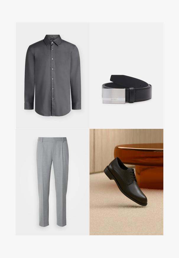 Camisa de vestir para hombre de manga larga en gris oscuro con cuello puntiagudo y botones delanteros, mostrada sobre un fondo gris claro.; Pantalones grises a medida con una textura suave, que cuentan con un frente plano, piernas rectas y pliegues sutiles para un detalle adicional.; Zapato de vestir de cuero negro con paneles laterales tejidos y cordones, colocado sobre una alfombra beige cerca de una mesa redonda marrón.; Cinturón de cuero negro con hebilla rectangular de metal plateado con un acabado cepillado y un logo grabado, que ofrece un diseño elegante y moderno.