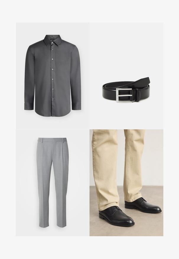 Camisa de vestir para hombre de manga larga en gris oscuro con cuello puntiagudo y botones delanteros, mostrada sobre un fondo gris claro.; Pantalones grises a medida con una textura suave, que cuentan con un frente plano, piernas rectas y pliegues sutiles para un detalle adicional.; Zapatos de cuero negro con cordones, puntera redondeada, acabado suave y sutiles detalles de costura, combinados con pantalones de color beige claro.; Cinturón de cuero negro con un acabado brillante; cuenta con una hebilla de metal plateado con un diseño de marco rectangular y bordes suaves.