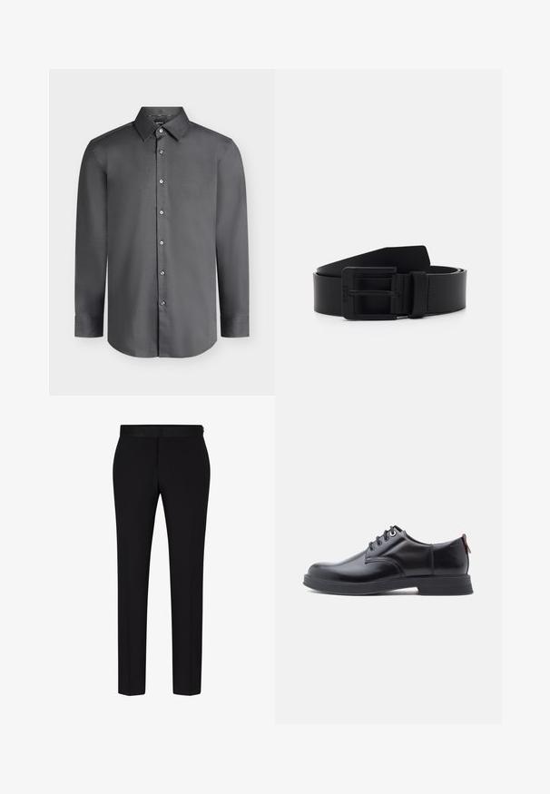 Donkergrijs herenoverhemd met lange mouwen, puntkraag en knopen aan de voorkant, afgebeeld op een lichtgrijze achtergrond.; BOSS H GENIUS TUX 231 - Pantalon - black; Zwarte leren veter schoenen met een gladde textuur, ronde neus en subtiel stiksel detail. Voorzien van een rode trekband op de hiel.; Zwarte leren riem met een matte afwerking, voorzien van een rechthoekige metalen gesp en een gladde textuur. Eenvoudig ontwerp zonder patronen of accenten.