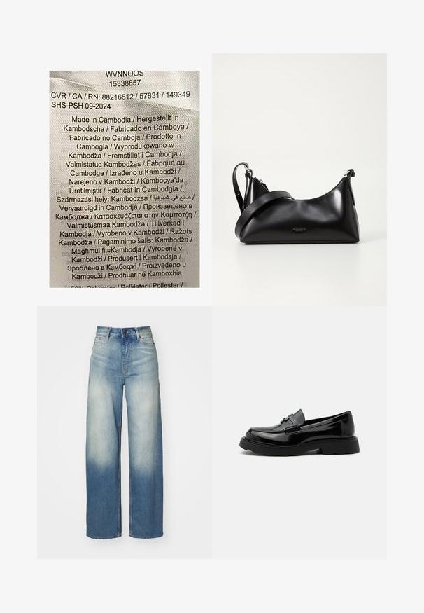 Etiqueta con texto multicolor sobre un fondo de tela clara. Enumera los detalles de fabricación en varios idiomas; indica principalmente "Hecho en Camboya".; Jeans de pierna ancha azul claro con una cintura alta, fabricados en denim, con un degradado desvanecido, cinco bolsillos y detalles de metal.; Mocasín negro de cuero brillante con suela gruesa y una correa decorativa en la parte superior, sobre un fondo liso gris claro.; Bolso de mano de cuero negro con una textura suave. Cuenta con una correa ajustable y un diseño elegante y minimalista con cierre de cremallera.