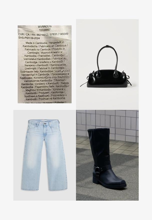 Etiket med multicolor tekst på en lys stofbaggrund. Angiver produktionsdetaljer på forskellige sprog; angiver primært "Fremstillet i Kambodja."; Lyseblå vid nederdel jeans lavet af denim. Har lige snit, fem lommers design og knaplukning i taljen.; Sort læderstøvle midt på læggen med lav blokhæle og en dekorativ rem med metal spænde rundt om anklen, på en flisebelagt fortov.; Lille sort blank håndtaske med to lange håndtag og snøre-detaljer i siden på en ensfarvet lys baggrund.