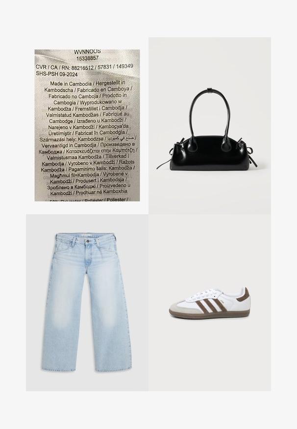 Etiket med multicolor tekst på en lys stofbaggrund. Angiver produktionsdetaljer på forskellige sprog; angiver primært "Fremstillet i Kambodja."; Lyseblå vid nederdel jeans lavet af denim. Har lige snit, fem lommers design og knaplukning i taljen.; Hvid og brun Adidas Samba sneaker med tre brune striber, snørebånd og tekstureret sål vist fra siden på en ensfarvet baggrund.; Lille sort blank håndtaske med to lange håndtag og snøre-detaljer i siden på en ensfarvet lys baggrund.