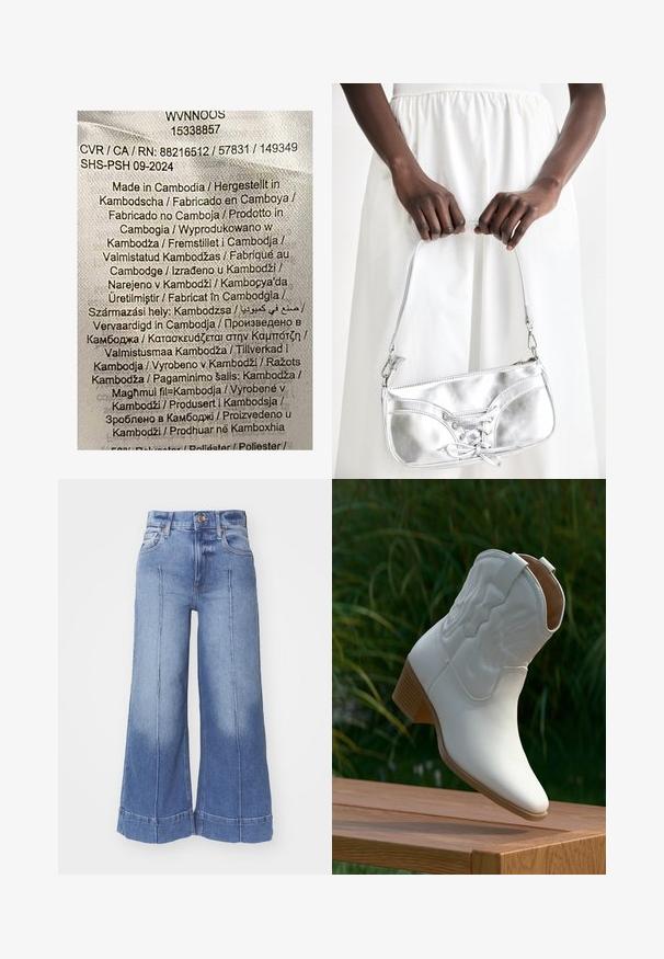 Etikett mit mehrfarbigem Text auf einem hellen Stoffhintergrund. Listet Herstellungsdetails in verschiedenen Sprachen auf; hauptsächlich steht "Hergestellt in Kambodscha."; Weite Denim-Jeans in Hellblau, mit hoher Taille, ausgewaschenem Design, Fronttaschen und genähten Details entlang der Beine.; Weißer kniehoher Leder-Cowboystiefel mit dekorativer Stickerei und einem gestapelten Holzabsatz, der auf einer Holzoberfläche im Freien ruht.; Silberne metallische Handtasche mit Schnürdetail, die ein elegantes Design und einen kurzen Tragegurt aufweist. Die Tasche wird in den Händen gehalten und zeigt ihre Textur.