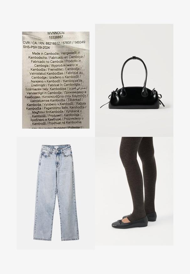Étiquette comportant un texte multicolore sur un fond de tissu clair. Indique les détails de fabrication en plusieurs langues ; déclare principalement "Fabriqué au Cambodge."; Jean droit bleu clair en denim, doté de deux poches avant, d'une fermeture à bouton et de coutures contrastées le long des coutures.; Jambes portant des leggings côtelés foncés associés à des ballerines noires avec de petits détails en nœud sur fond blanc.; Petit sac à main noir brillant avec deux longues anses et des détails à cordon sur les côtés sur un fond clair uni.