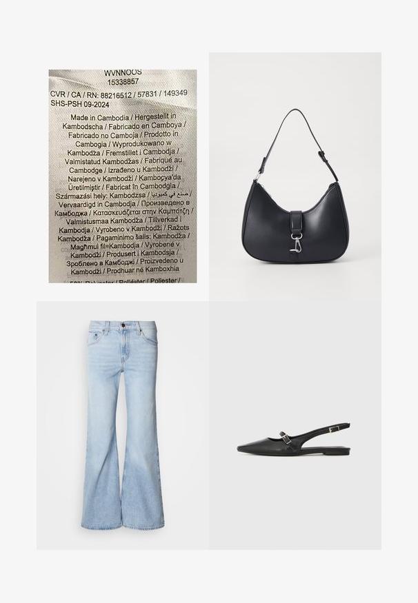 Étiquette comportant un texte multicolore sur un fond de tissu clair. Indique les détails de fabrication en plusieurs langues ; déclare principalement "Fabriqué au Cambodge."; Jean évasé bleu clair, avec une taille haute, en tissu denim, cinq poches et une fermeture par bouton. Les jambes sont larges et présentent une légère décoloration.; Chaussures slingback en cuir noir avec un bout pointu, comprenant une lanière étroite et un accent de boucle argentée sur le côté. Semelle plate.; Pieces PCLIKA SHOULDER BAG - Sac à main - black
