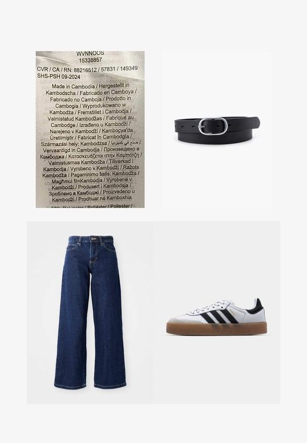 Etiket med multicolor tekst på en lys stofbaggrund. Angiver produktionsdetaljer på forskellige sprog; angiver primært "Fremstillet i Kambodja."; Mørkeblå vide jeans lavet af denim, med knap- og lynlåslukning, bæltesløjfer og klassisk fem-lomme design.; Hvide lædersneakers med sorte striber, gummirubber sål, rund tå, snørelukning og blød grå ruskinds tåhætte.; Sort læderbælte med en glat overflade, oval sølvmetalspænde og flere justeringshuller langs stroppen. Flad, minimalistisk design.