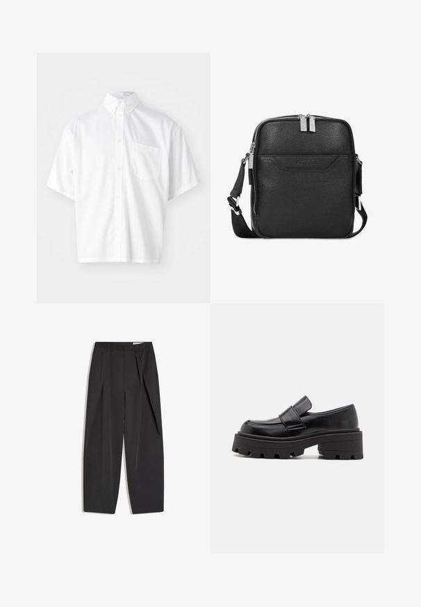 Chemise blanche à manches courtes en tissu lisse, avec un col boutonné et une poche avant sur le côté gauche.; Pantalon noir taille haute, coupé droit, avec pinces et passants de ceinture, présenté à plat sur un fond blanc.; Mocassins en cuir noir avec une semelle en caoutchouc épaisse, présentant une plateforme surélevée et une sangle sur le cou-de-pied. Texture lisse et forme arrondie.; Sac bandoulière en cuir noir avec une texture granuleuse, doté d'une fermeture à glissière sur le dessus, d'une bandoulière réglable et d'un accent logo discret sur le devant.