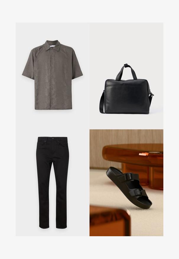 Chemise à manches courtes, couleur olive, en tissu texturé avec un motif de feuilles en relief, munie d'un col classique et d'une fermeture par boutons sur le devant.; Jean en denim noir à coupe droite, avec une braguette zippée, cinq poches et une texture subtile. Aucun motif visible ni accents métalliques.; Sandale noire à enfiler avec deux boucles réglables flottant au-dessus d'un tapis clair dans une pièce avec des meubles teintés d'ambre.; Sac de voyage en cuir noir de forme rectangulaire, avec deux poignées, une bandoulière amovible et des ornements minimalistes.