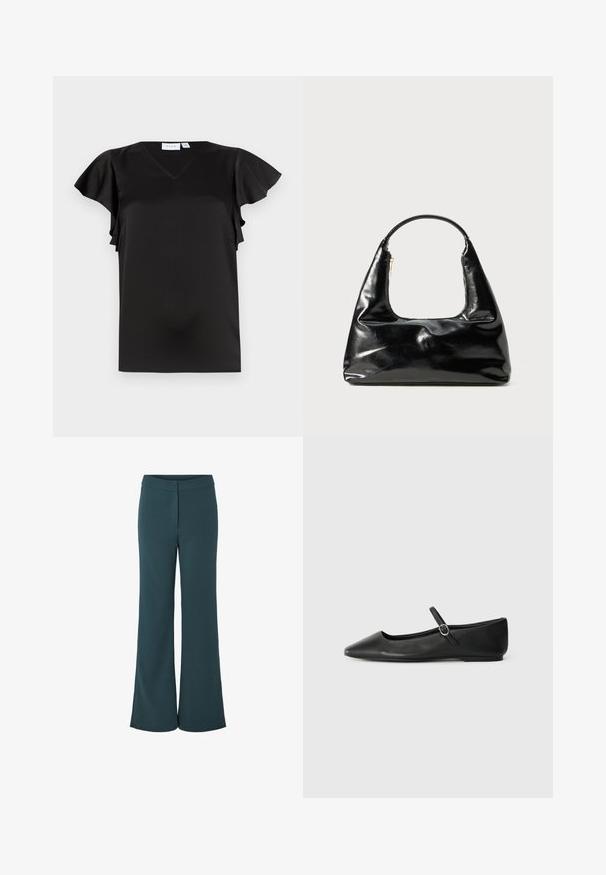 Blouse noire à manches courtes avec col en V et manches flottantes, en tissu lisse et léger, présentée sur fond blanc.; Pantalons larges teal en tissu doux, dotés d'une taille élastique et de plis à l'avant pour un look soigné. Texture lisse et fluide.; Ballerines en cuir noir avec un bout pointu, une semelle plate et une petite sangle à boucle autour de la cheville pour un maintien sécurisé.; Sac à main en cuir verni noir avec une anse semi-circulaire, forme trapézoïdale, texture lisse et une fermeture éclair simple.