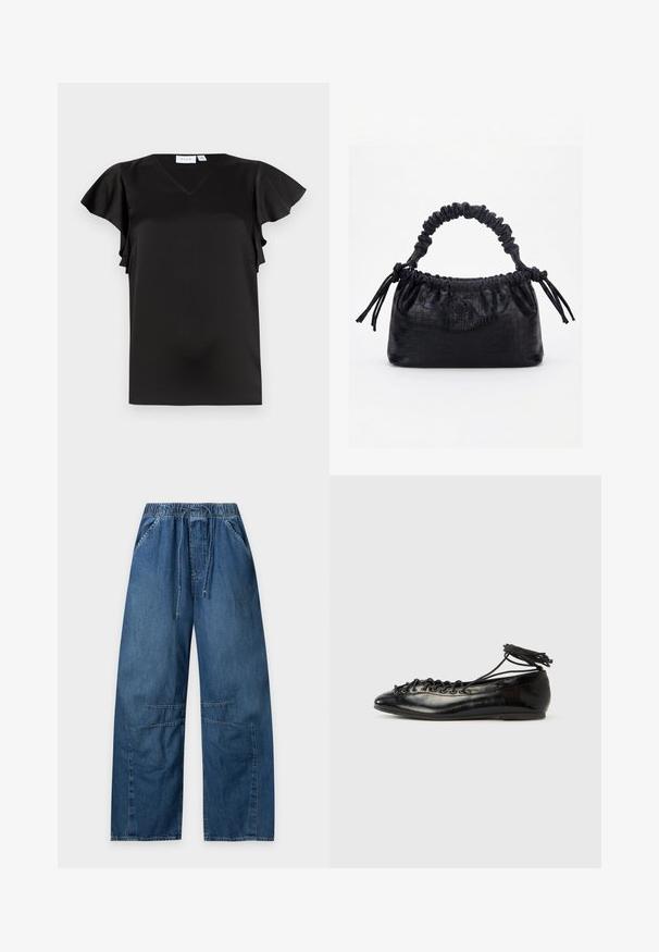 Blouse noire à manches courtes avec col en V et manches flottantes, en tissu lisse et léger, présentée sur fond blanc.; Pantalon large en denim bleu avec taille élastique et cordon, poches avant et détails de coutures aux genoux, posé à plat sur fond blanc.; Ballerines en cuir verni noir avec un bout rond, un design à lacets et une semelle plate. Texture lisse avec peu de détails.; Sac à main noir avec texture crocodile, bord supérieur froncé, poignée plissée et pompons à cordon de chaque côté sur fond blanc.