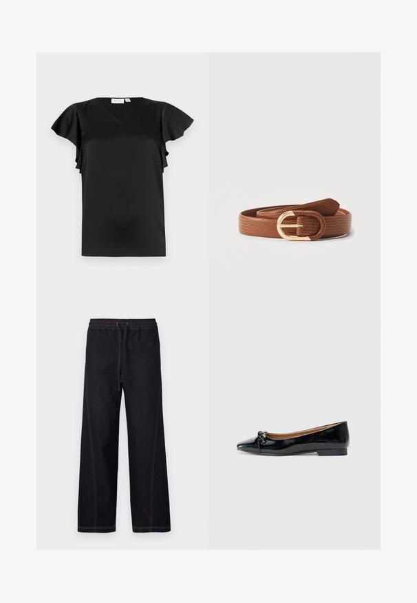 Blouse noire à manches courtes avec col en V et manches flottantes, en tissu lisse et léger, présentée sur fond blanc.; Pantalon en denim foncé à jambes larges, doté d'une taille élastique avec cordon de serrage, de coutures orange contrastantes et de lignes droites et épurées.; Ballerines en cuir verni noir avec un bout pointu, un petit nœud à l'avant et un petit talon carré. Texture lisse et brillante.; Ceinture en cuir marron texturé avec une boucle dorée arrondie, enroulée soigneusement sur un fond clair uni.