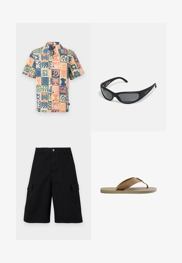 Chemise à manches courtes avec boutons, motifs abstraits multicolores de feuilles et de soleil disposés en quadrillage sur un tissu clair.; Shorts cargo noirs en tissu durable. Comprend deux poches latérales, une fermeture éclair et une taille simple avec un bouton en métal.; Sandale tong beige avec semelle texturée et large bride d'orteil en tissu marron sur fond blanc.; Lunettes de soleil noires avec une monture incurvée et des verres teintés. Présente un fini mat et le nom de la marque "ARNETTE" sur le côté.