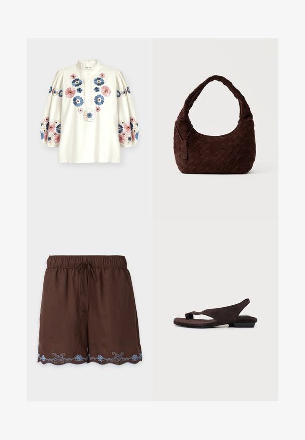 Blouse blanche à manches longues avec col en dentelle et patte de boutonnage, décorée de motifs floraux brodés roses, bleus et crème sur le devant et les manches.; Short marron à taille élastique avec cordon et motif floral brodé bleu clair le long de l'ourlet festonné.; Sandale plate marron foncé avec boucle pour l'orteil et bride arrière, en matériau suédé, vue de côté sur fond blanc.; Sac à épaule en cuir tressé marron foncé avec une forme douce et arrondie et une large anse, avec une petite étiquette en cuir attachée.