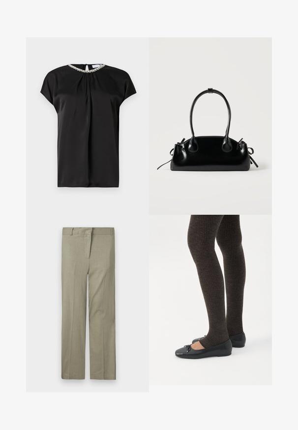 Blouse en satin noir à manches courtes, col avant froncé et détail de col orné. Fermeture à l'arrière avec une fente en forme de goutte.; Pantalon vert olive clair, coupe ajustée, avec une taille plate, deux poches latérales et un tissu lisse et texturé. Pas de motifs ni d'accents visibles.; Jambes portant des leggings côtelés foncés associés à des ballerines noires avec de petits détails en nœud sur fond blanc.; Petit sac à main noir brillant avec deux longues anses et des détails à cordon sur les côtés sur un fond clair uni.