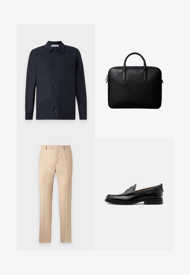 Samsøe Samsøe TAKA JO OVERSHIRT - Skjorter - dark blue; Beige skræddersyede bukser med en glat tekstur, flad front og lige ben. Har bæltestropper og en skjult lynlås.; Sort læder herre loafer med moc-tå syning, penny strop, struktureret krave og lav stablet hæl på hvid baggrund.; Sort tekstureret lædermappe med dobbelte håndtag og sølv lynlås, centreret på hvid baggrund.