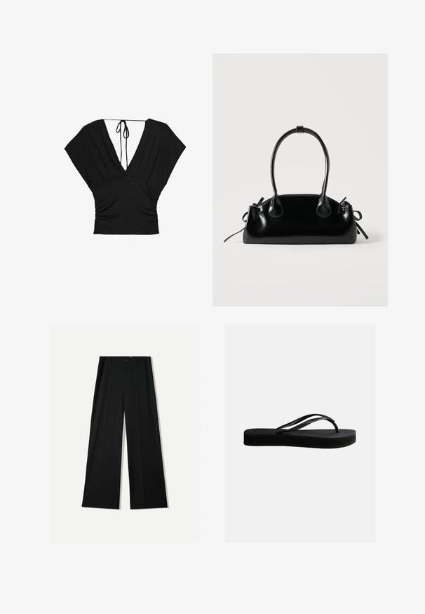 Sort top med en dyb V-hals, korte brede ærmer og samlet tekstur ved taljen med en båndlukning bagpå. Blødt stof.; Bershka WIDE - Bukser - black; Sort gummiflipflop med tekstureret sål og Y-formet rem, vist i sideprofil mod en ensartet lys baggrund.; Lille sort blank håndtaske med to lange håndtag og snøre-detaljer i siden på en ensfarvet lys baggrund.