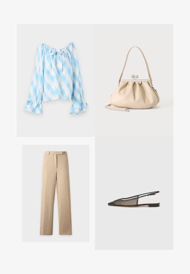 Lyseblå og hvide ternet off-shoulder bluse med lange pufærmer, flæsekantede manchetter og en bindebånd i halsudskæringen.; Beige og lysebrune houndstooth-mønstrede bukser med lige ben, bæltestropper og lukning foran på hvid baggrund.; Sort og guld slingback sko med spids tå, mesh-design og flad sål. Har en tynd ankelrem med en cirkulær spændeaccent.; Beige blød læderhåndtaske med en sølv metalramme-lukning, enkelt skulderstrop og en valgfri kæderem på en hvid baggrund.